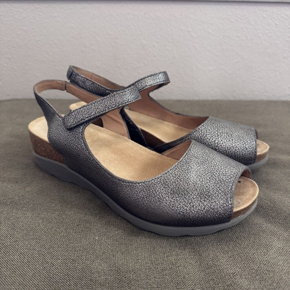 Dansko Marcy Women's Wedge Sandals Pewter Metallic Grey Size 38 Cork